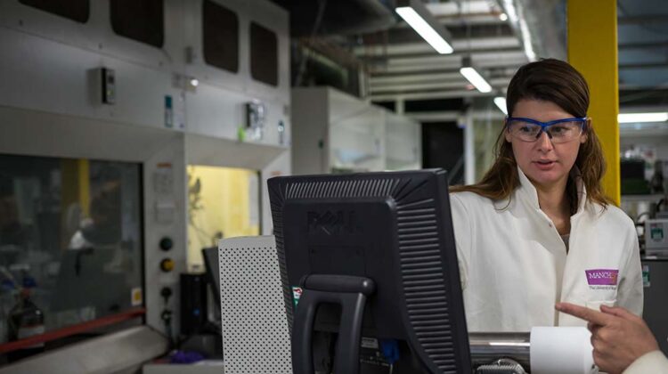 Image of student looking at computer in laboratory.