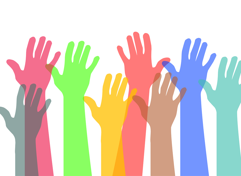A drawing of differently coloured hands all raised upwards.