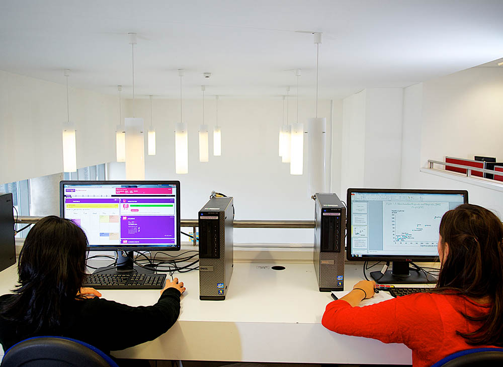 Two students looking at their individual computer screens.