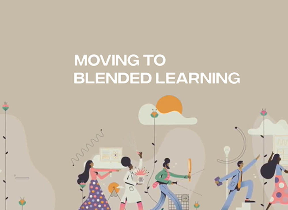 Cartoon graphic of 5 people walking with "Moving to Blended Learning" written above.