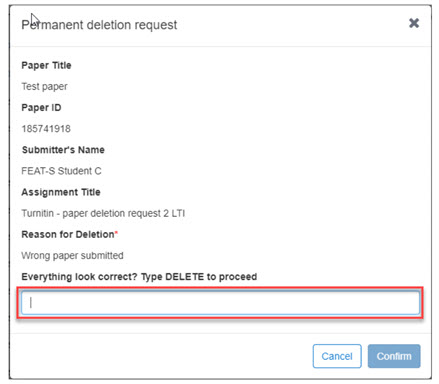 Screesnshot showing the field where users need to type DELETE.