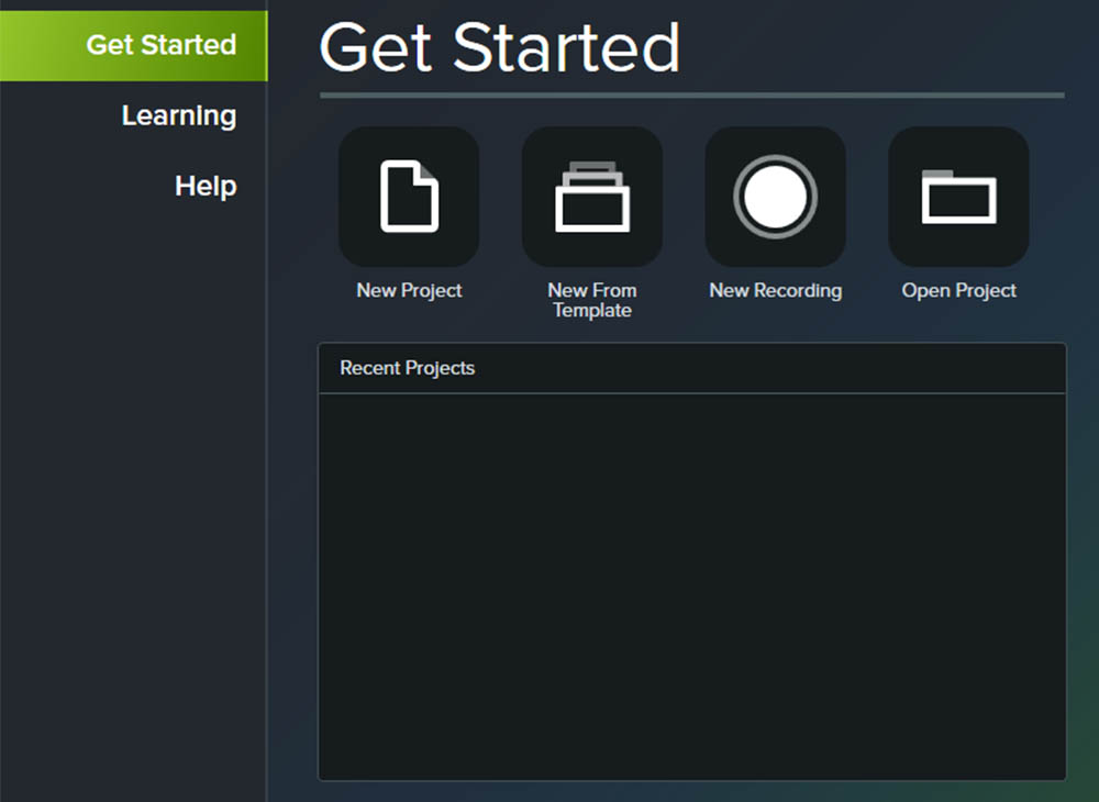 The Get Started page in Camtasia.