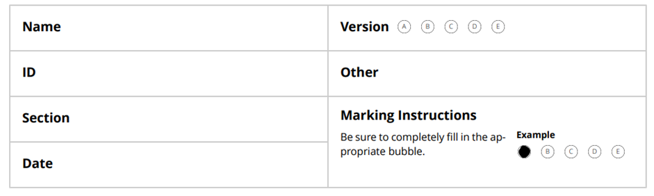 Image showing the name and id sections on the Gradescope bubble sheet answer template.