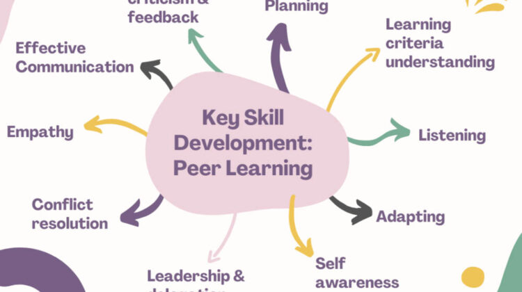 A mind map with a central bubble reading "Key Skill Development: Peer Learning". Branching off it are arrows pointing to text reading: Planning, Learning criteria understanding, listening, adapting, self awareness, leadership & delegation, conflict resolution, empathy, effective communication, constructive criticism & feedback.
