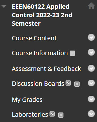 Blackboard menu showing menu options including Course Content, Assessment and Feedback.