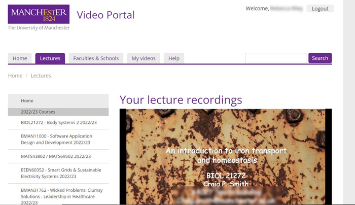 Image shows the University of Manchester Video portal webpage, which is open on the lecture tab.