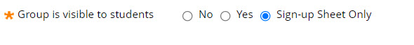 Menu option shows text Group is visible to students.  The radio button sign up sheet only is selected.