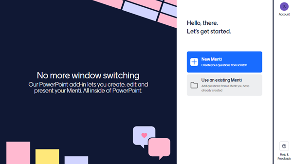 Mentimeter screen within Powerpoint 365 following successful login.