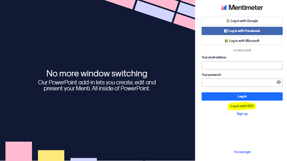Mentimeter log in with SSO option.