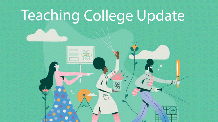 Cartoon graphic of three people walking in single file holding scientific equipment, with "Teaching Academy Update" written across the top.