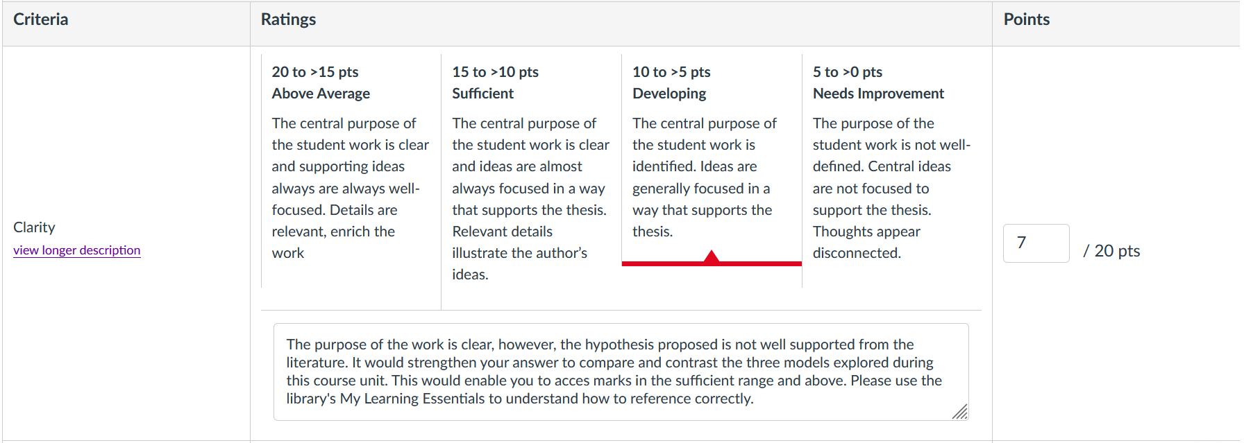 Example of a criterion from a Canvas rubric. There is a brief description of the criterion, followed by a description of the requirement to acheive 4 different marking ranges.

The relavent marking range is selected, and an additional written comment is included below.