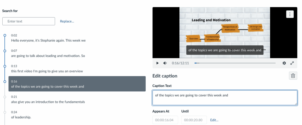 Screenshot of the Canvas Closed Caption editor.