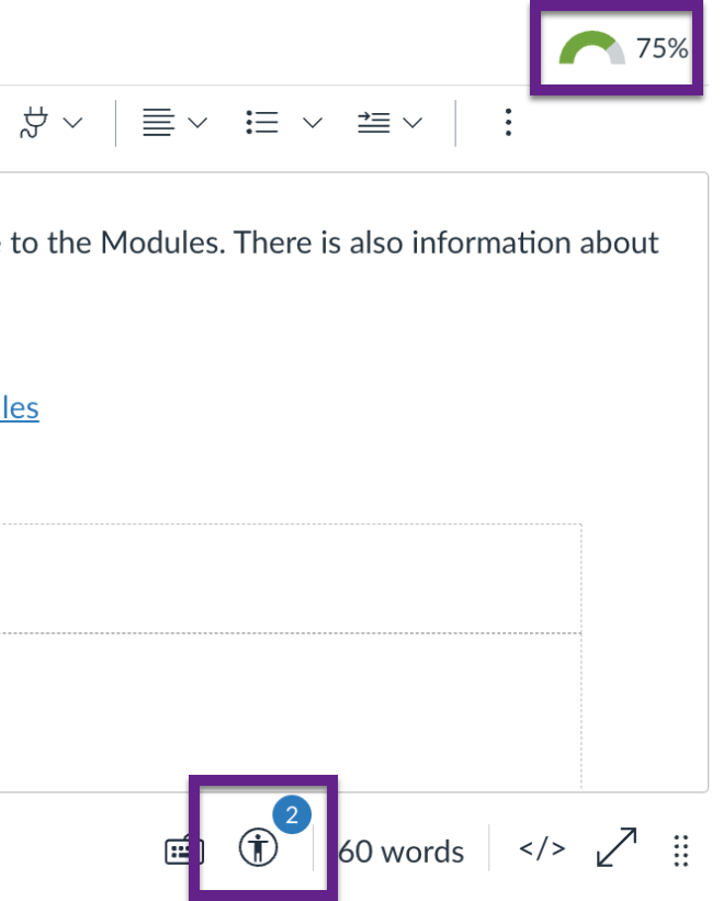Screenshot highlighting the accessibility metre at 75%, and the person accessibility icon showing 2 issues.