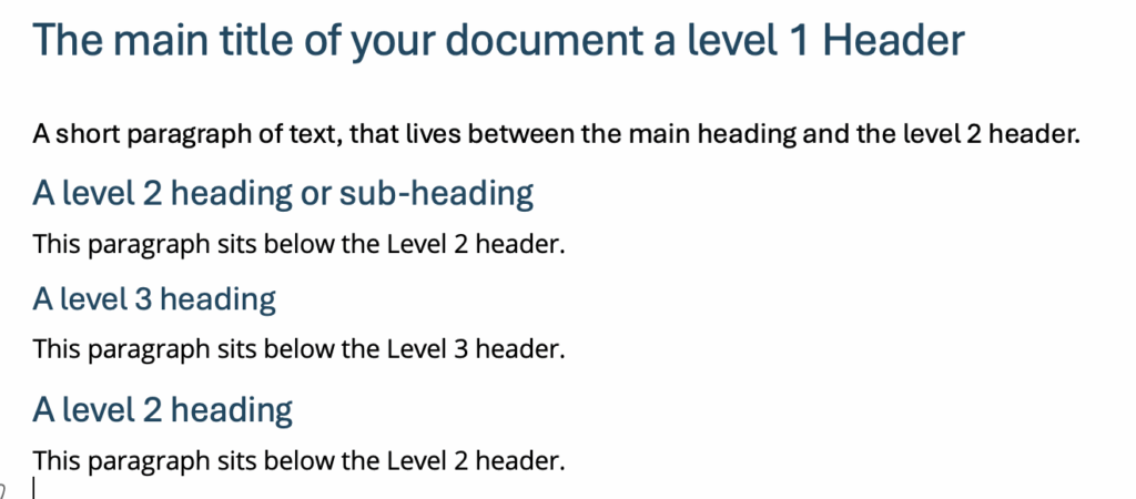 Screenshot of a document showcasing a main title as a level 1 header, followed by lower level subsequent headers.
