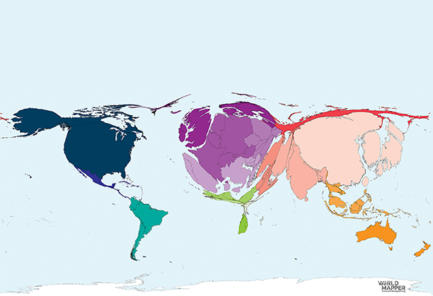 A scaled world map showing science papers published in 2016, sized by country output. China overtook the US as top producer.