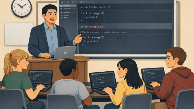 live coding lesson to a group of students working on laptops