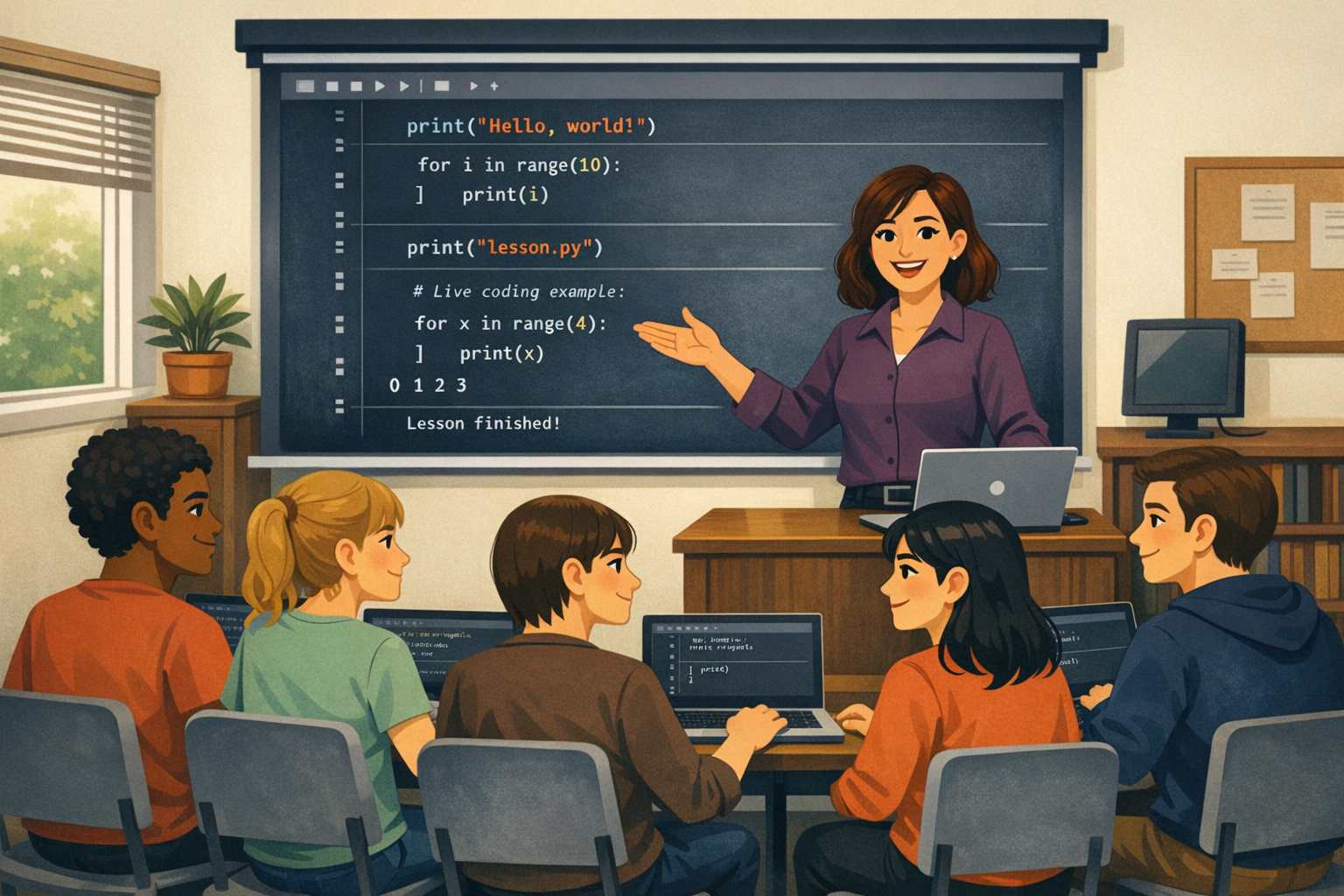 a classroom of people being taught how to code by a teacher