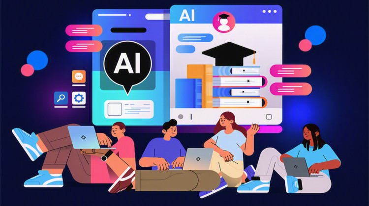 students learning online in computer app with ai helper