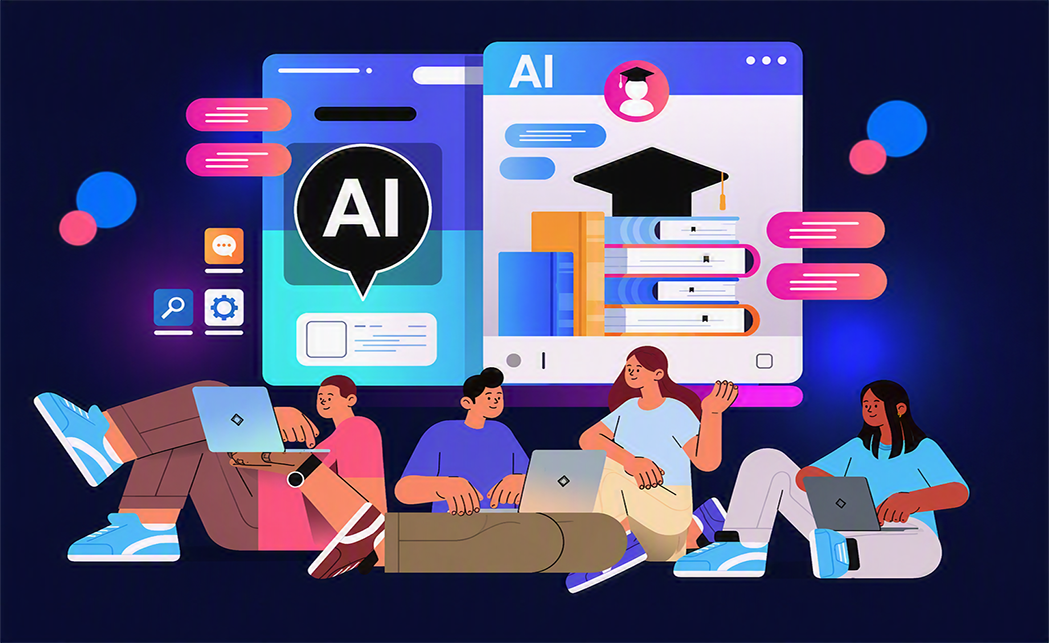 students learning online in computer app with ai helper