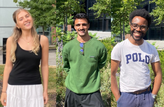 Three photographs of the EDIA interns, Georgia-Mai, Sidarth, and Faisal.