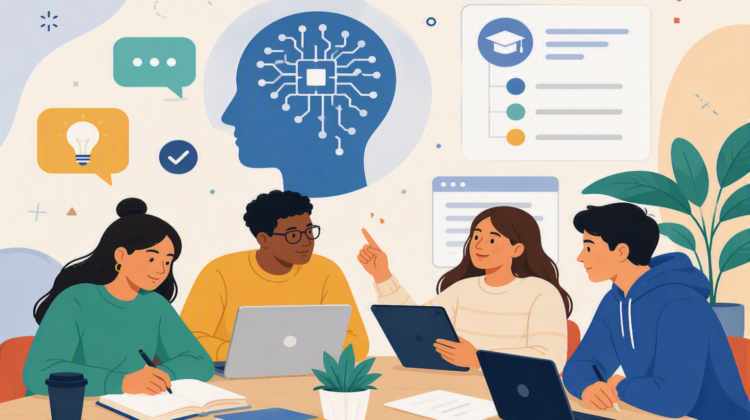 Image of students sat around a table with laptops and AI related graphics in the background