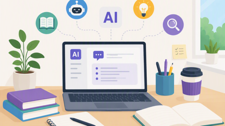 image of laptop showing an AI chat surrounded by books