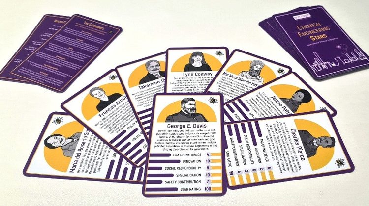 A photograph depicting a number of the cards and the designs on the back. With the first card showing George E. Davis with a star rating of 100.