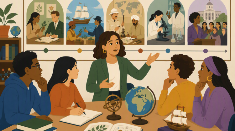 Teacher and students exploring the global history of science through knowledge exchange, empire, and collaboration.