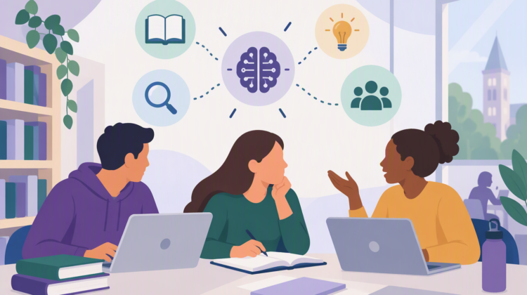 Students sat in a library discussing AI