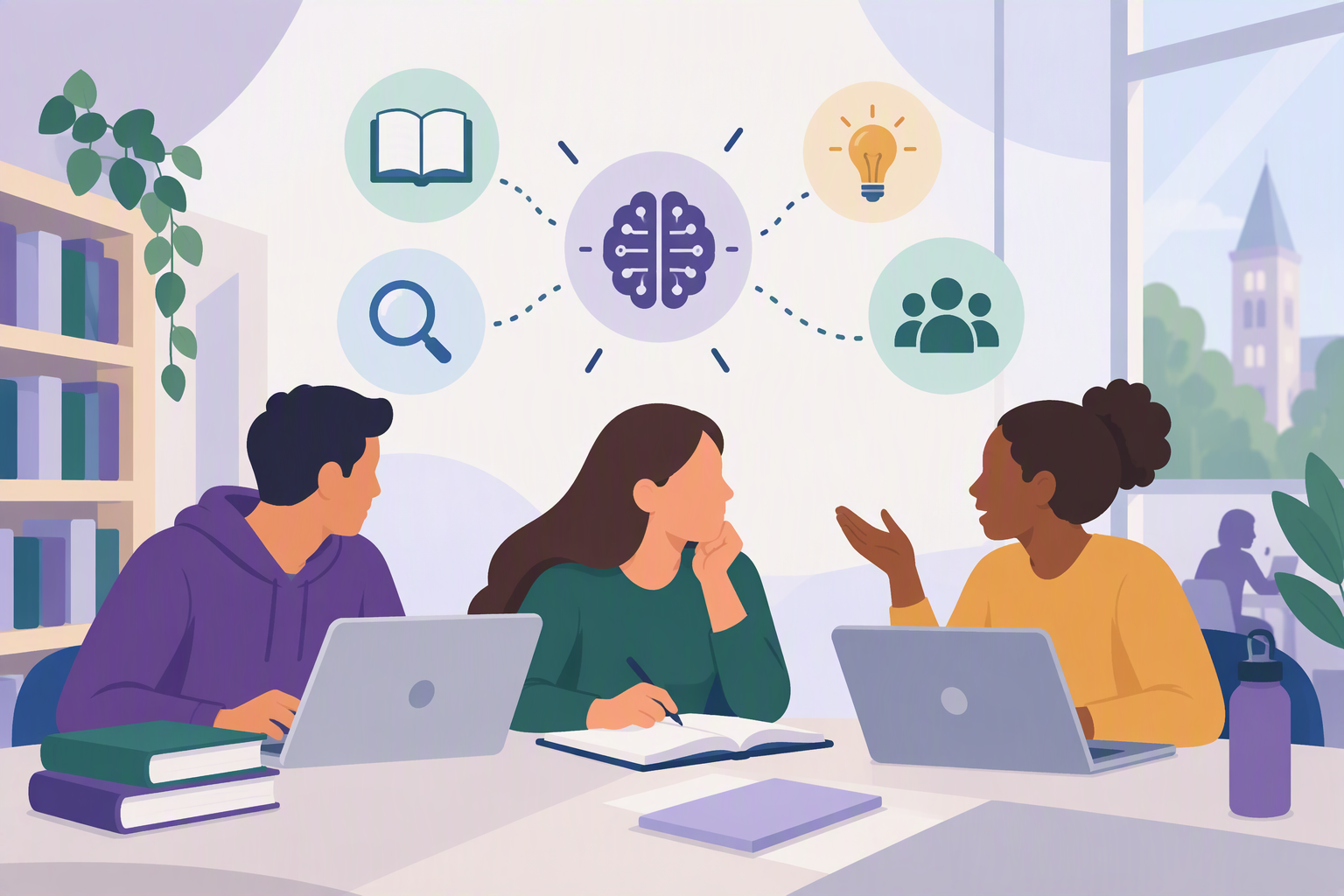 Students sat in a library discussing AI